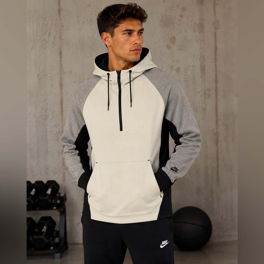 Nike Tech Fleece 1/2 Zip Hoodie Men’s Large Light Bone Gray Black Pullover